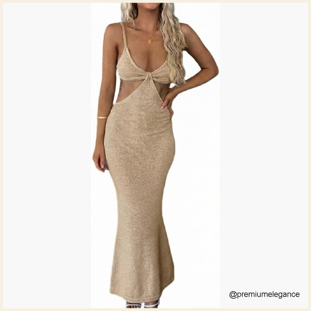 Sexy Knitted Cut Out Halter Backless Maxi Dress Y2K Streetwear